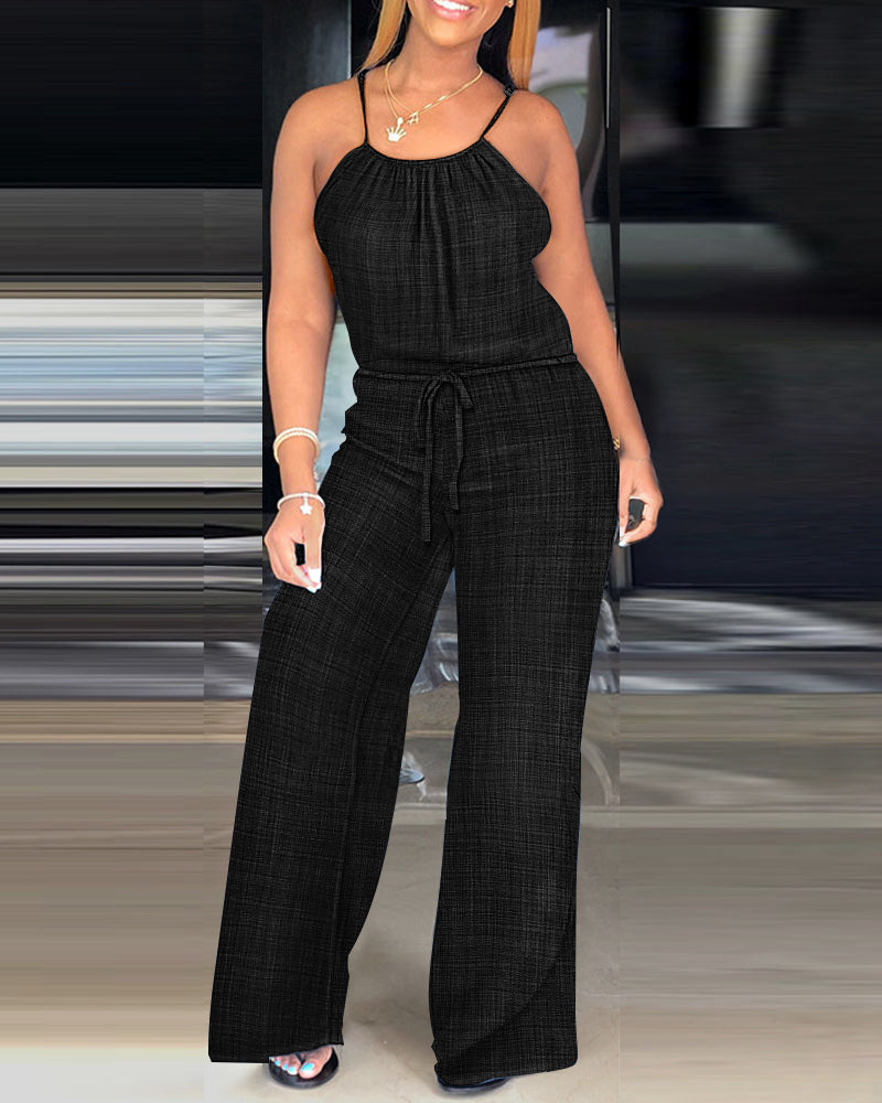 Womens Spaghetti Strap Drawstring Tied Waist Jumpsuit Casual Overalls
