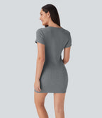 Ribbed Knit Round Neck Mini Casual Dress