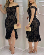 Women's Flock Floral Mesh Dress Off Shoulder Ruffle Hem Bodycon Dress Slit Evening Party Mermaid Gown