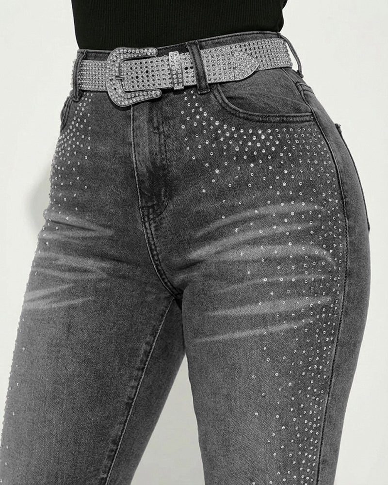 Rhinestone Decor High Waist Zipper Fly Skinny Jeans Washed Denim Pants without Belt