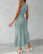 Halter Tie Criss Cross Front Knit Jacquard Textured Slit Dress Casual Hollow-out Draped Vacation Dress