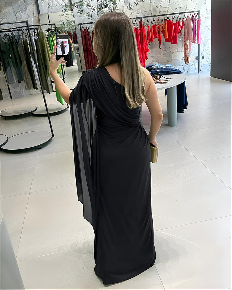 One Shoulder Asymmetrical Mesh Cloak Sleeve Ruched Twist Waist Evening Dress Waist Gathered Slit Party Dress