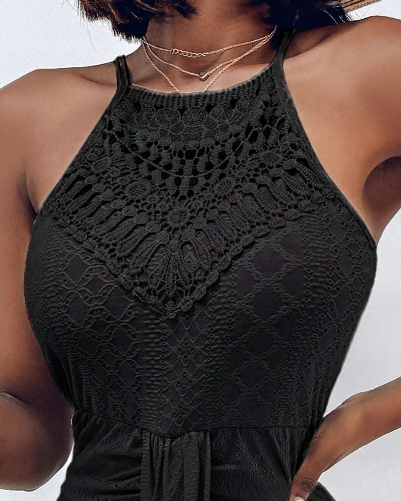 Adjustable Halter Hollow-out Back Ruched Front Slit Dress Guipure Lace Yoke Eyelet Embroidery Vacation Dress