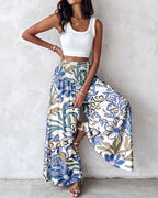 Vintage Floral Print High Waist Shirred Elastic Waist Wide Leg Pants