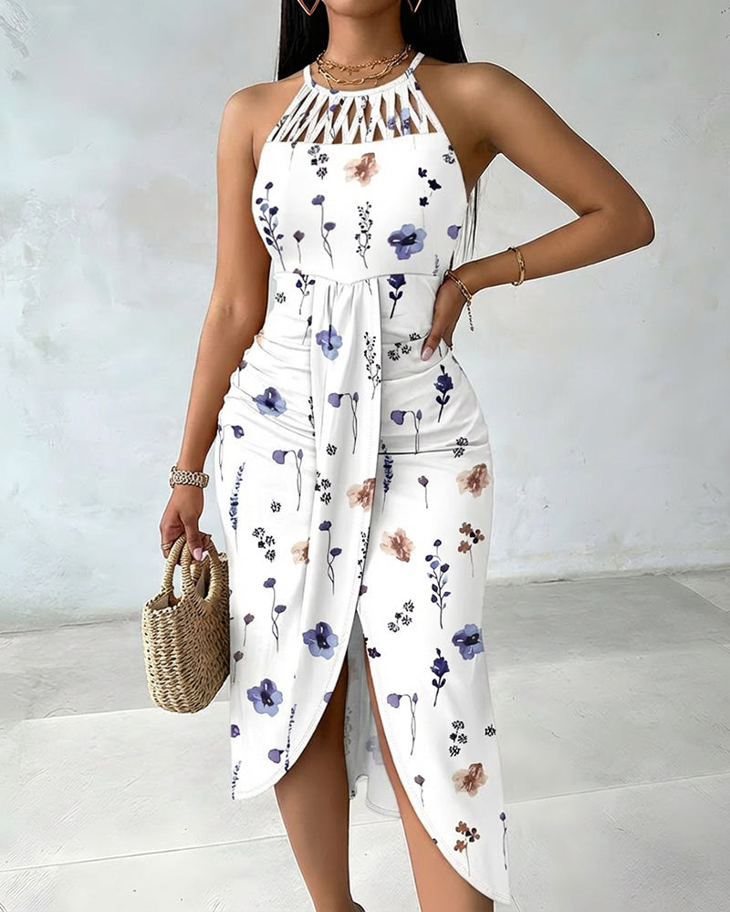 Watercolor Ditsy Floral Print Halter Tie Hollow-out Criss Cross Spliced Front Ruched Dress Casual Draped Slit Front Vacation Dress