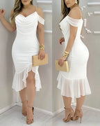 Women's Off Shoulder Mesh Dress Pearl Strap Ruched Bodycon Dress Ruffle Hem Slit Evening Party Dress