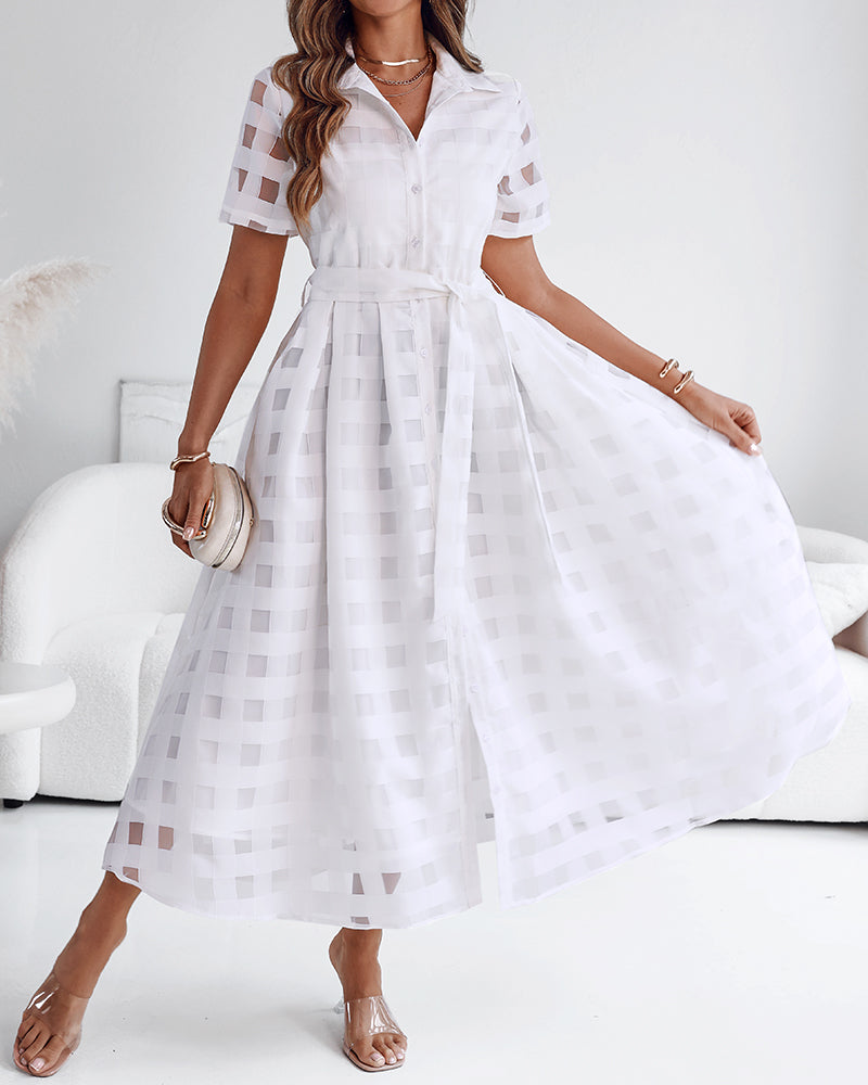 Turn-down Collar Plaid Mesh Double-Layered Cinched Waist Maxi Dress Button Down Bow Tie Waist Commuting Dress