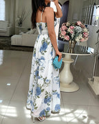 Women's Floral Print Maxi Dress Ruffle Hem Cami Dress V Neck Shirred Summer Vacation Boho Long Dress with Built-In Bra