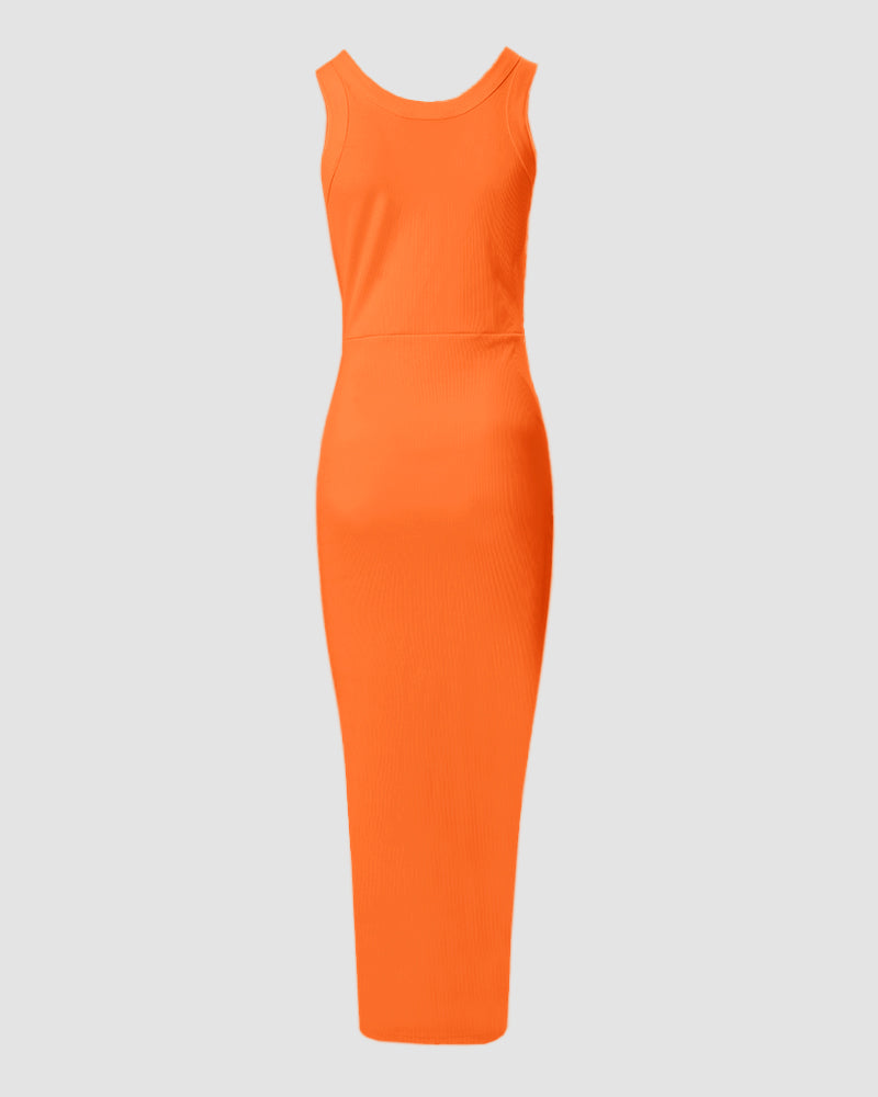 Side Slit Drawstring Ruched Bodycon Casual Sun Maxi Dresses Sleeveless Ribbed Tank Dress