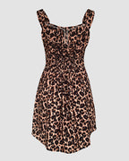 Leopard Print Square Neck Thick Strap Tied Detail Slit Romper Shirred Back Lace-up Skort Romper