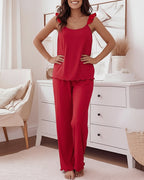 Women's 2 Piece Pajama Set Frill Trim Camisole Top and Wide Leg Pants Lounge Set Soft Sleepwear Outfits with Pockets