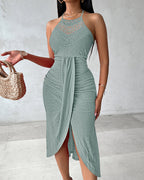 Adjustable Halter Hollow-out Back Ruched Front Slit Dress Guipure Lace Yoke Eyelet Embroidery Vacation Dress