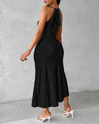 Adjustable Halter Hollow-out Back Ruched Front Slit Dress Guipure Lace Yoke Eyelet Embroidery Vacation Dress