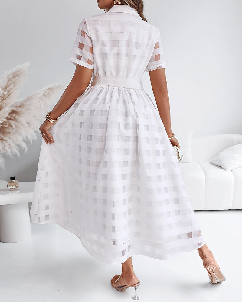 Turn-down Collar Plaid Mesh Double-Layered Cinched Waist Maxi Dress Button Down Bow Tie Waist Commuting Dress