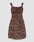 Leopard Print Square Neck Thick Strap Tied Detail Slit Romper Shirred Back Lace-up Skort Romper