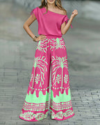 CHICME Women's 2 Piece Set Skew Neck Drawstring Top and High Waisted Wide Leg Tropical Print Pants with Pockets