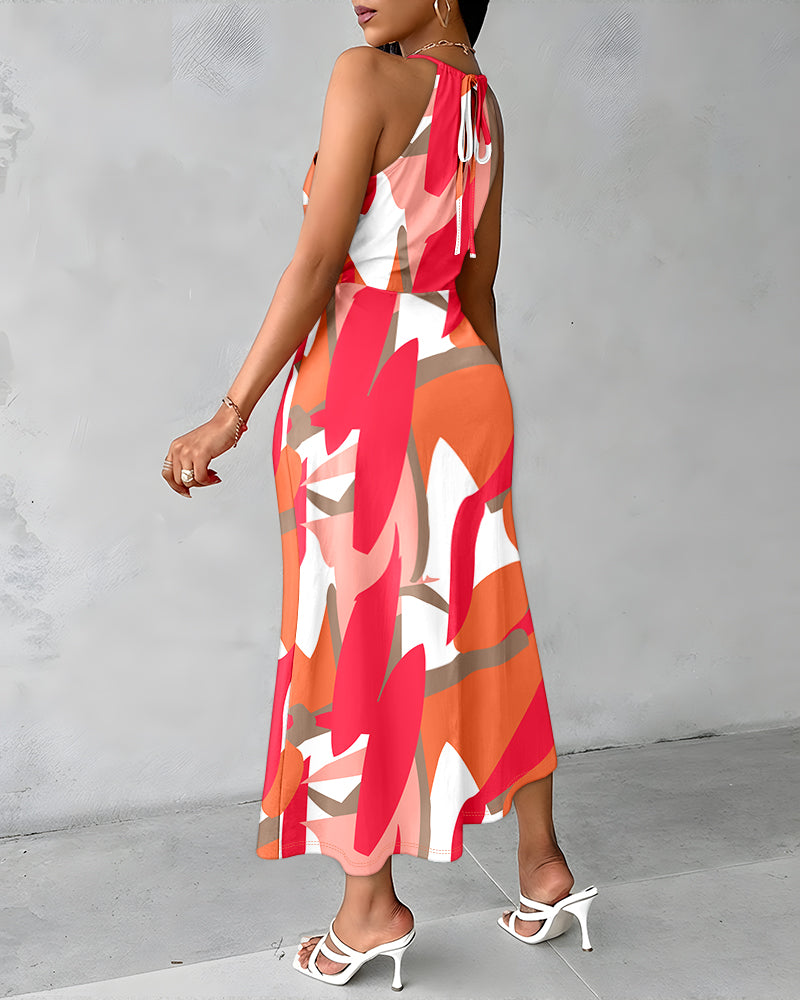 Colorblock All Over Print Halter Tie Hollow-out Criss Cross Spliced Front Ruched Dress Casual Draped Slit Front Vacation Dress