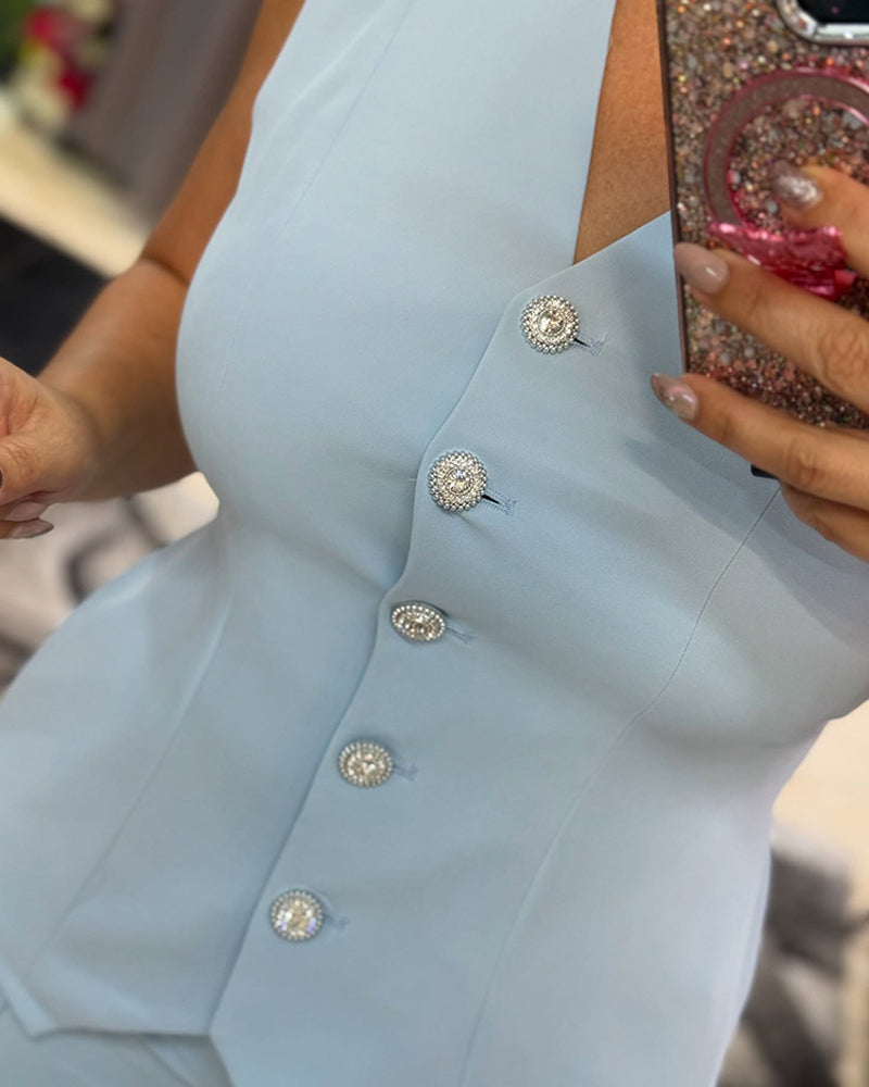 2 Pieces Outfit Plain Sleeveless V-Neck Tank with Button Details and Casual Wide Leg Pants Set