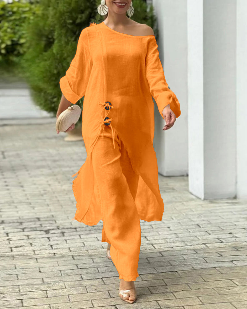 2 Pieces Outfit Button Decor One Shoulder Turn-Up Sleeves Slit Raw Edges Top and Casual Drawstring Elastic Waist Wide Leg Pants Set