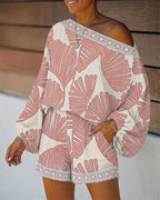 Women's Tropical Leaf Print 2 Piece Set Skew Neck Lantern Sleeve Top and Elastic Waist Shorts with Pockets & Lace