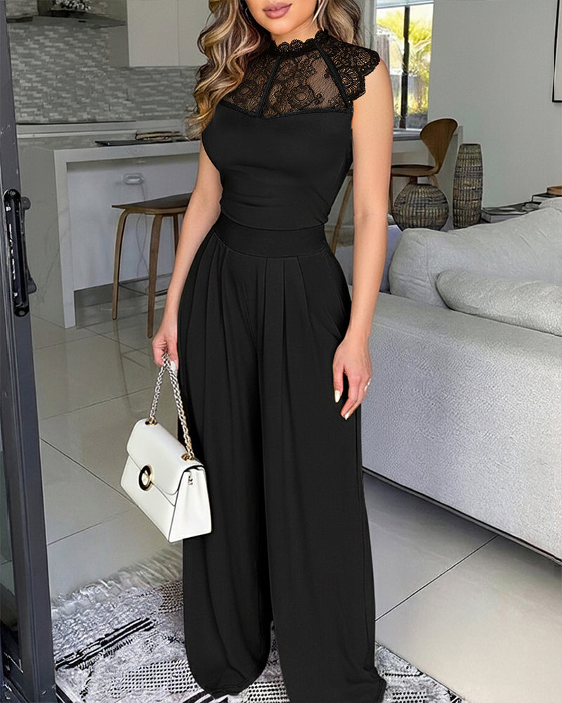 Stand Collar Sleeveless Lace Spliced Pleated Overalls Elegant Cinched Waist Zipper Back Wide Leg Jumpsuit