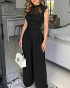 Stand Collar Sleeveless Lace Spliced Pleated Overalls Elegant Cinched Waist Zipper Back Wide Leg Jumpsuit