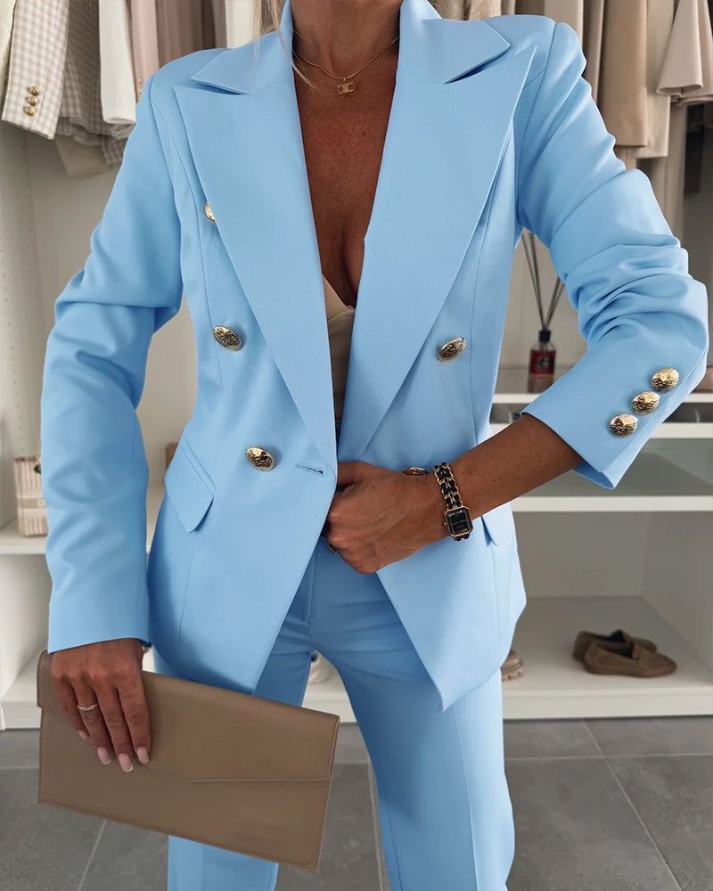 2 Pieces Outfit Notched Collar Double-Breasted Flap Detail Coat and Zipper Fly Elastic Back Waist Slim Fit Flared Pants Set Casual Blazer Set