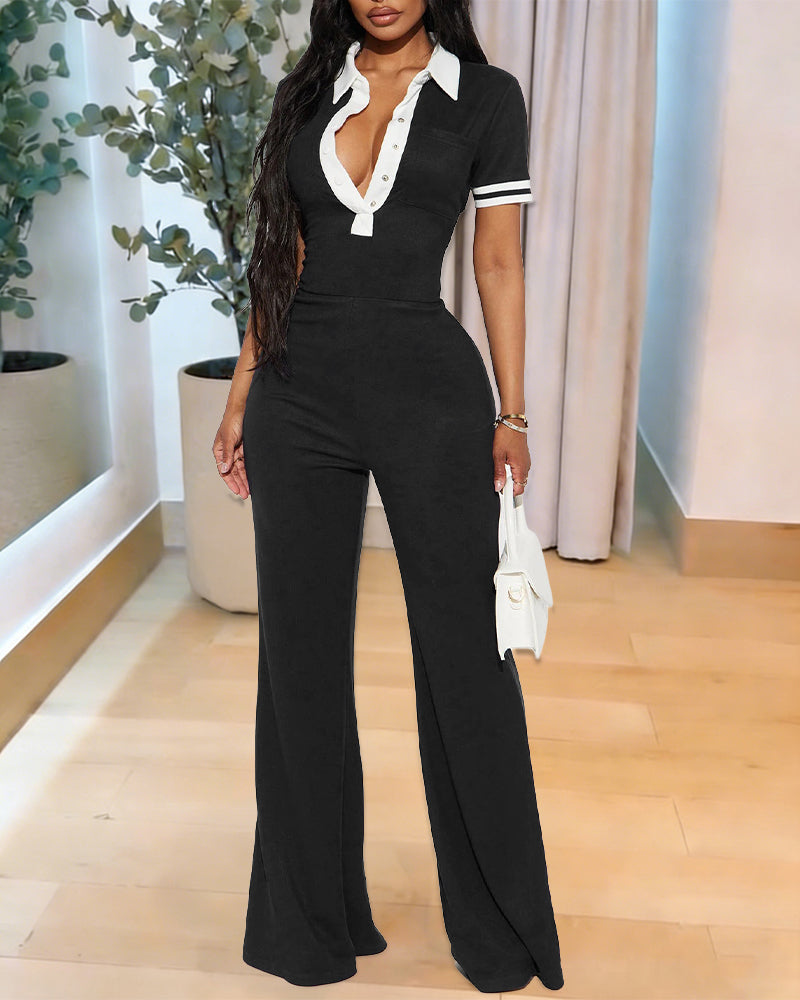 Women's Contrast Polo Neck Jumpsuit Short Sleeve Bodycon Romper Flared Leg Overalls with Snap Button Placket