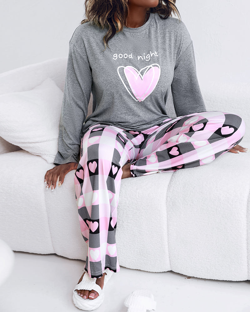 2 Pieces Outfit Good Night Slogan Print Long Sleeve Top and Plaid Print Elastic Waist Pants Set Casual Heart Print Pajamas Set