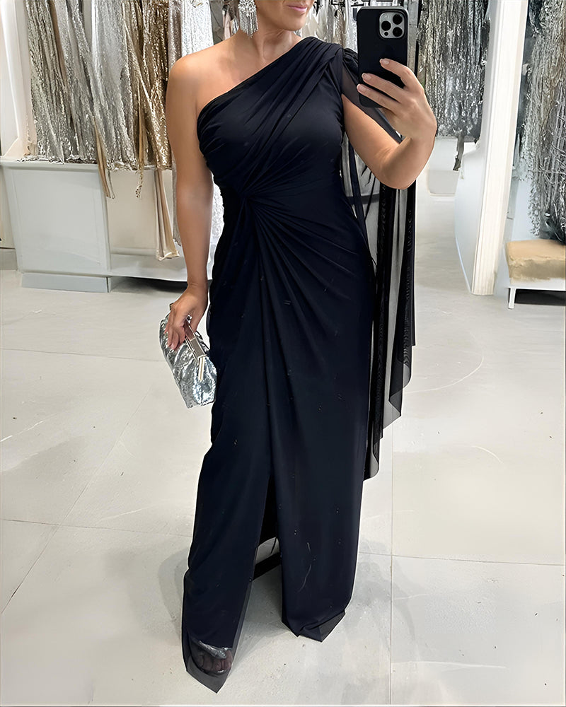 One Shoulder Asymmetrical Mesh Cloak Sleeve Ruched Twist Waist Evening Dress Waist Gathered Slit Party Dress