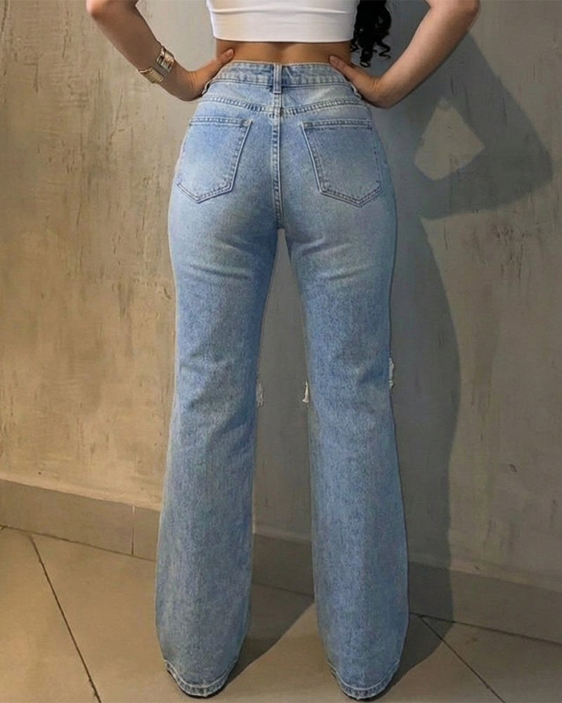 Women's Rhinestone Flare Jeans High Waisted Distressed Ripped Jeans Y2K Retro Streetwear Denim Pants