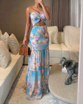 CHICME Women's Watercolor Floral Bandeau Maxi Dress Sexy Cutout Shirred Waist Mermaid Dress Ruffle Hem Vacation Dress
