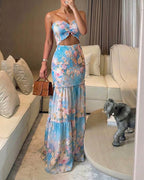 CHICME Women's Watercolor Floral Bandeau Maxi Dress Sexy Cutout Shirred Waist Mermaid Dress Ruffle Hem Vacation Dress