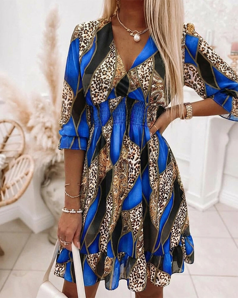 Colorblock Geometric & Leopard Print Spliced Overlap V Neck Flared Cuffs A Line Dress Casual Shirred Waist Ruffle Hem Vacation Chiffon Dress