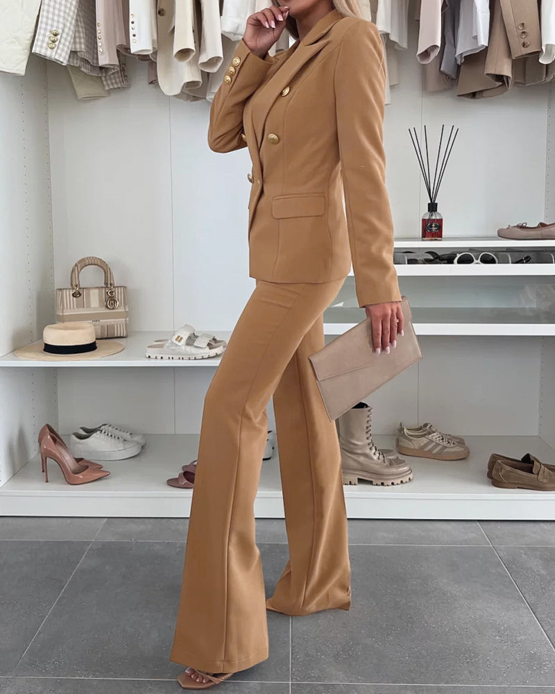 2 Pieces Outfit Notched Collar Double-Breasted Flap Detail Coat and Zipper Fly Elastic Back Waist Slim Fit Flared Pants Set Casual Blazer Set