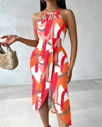 Colorblock All Over Print Halter Tie Hollow-out Criss Cross Spliced Front Ruched Dress Casual Draped Slit Front Vacation Dress