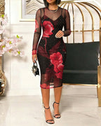Women's 2 Piece Outfit Rhinestone Floral Mesh Midi Dress Slim Fit Long Sleeve Sheer Bodycon Dress with Camisole Slip Dress