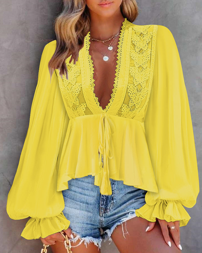 Butterfly Pattern Decor Deep V Neck Long Sleeve Blouse Casual Tie Front Flared Cuffs Lace Trim A-Line Hem Top