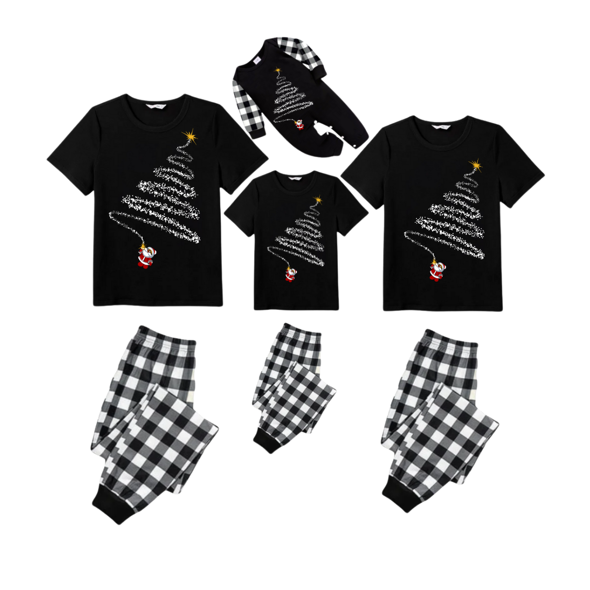 Santa Climbing Christmas Tree Family Pajamas Set - Black Top Black and White Plaid Pants White Tree Graphic