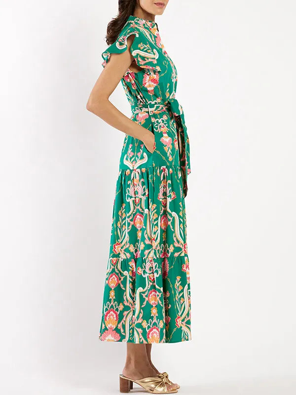 NEW🔥 Ruffle Button Tie Waist Printed Dress- Tax Free