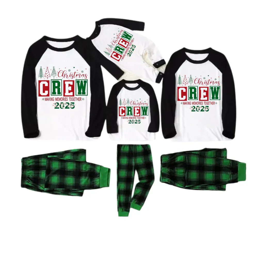 Black Raglan Top Green Plaid Christmas Pajamas Set With Christmas Crew Holiday Text