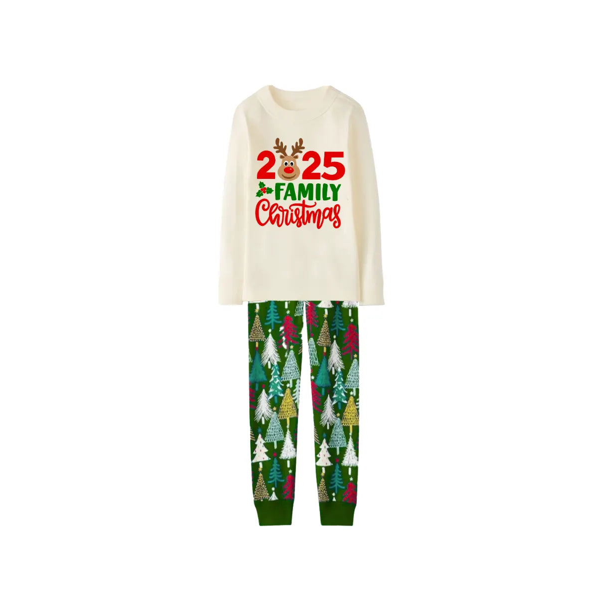 2025 Reindeer Family Christmas Family Pajamas Set - Cream Top / Green Tree Print Pants / Green Tree Print Sleeves