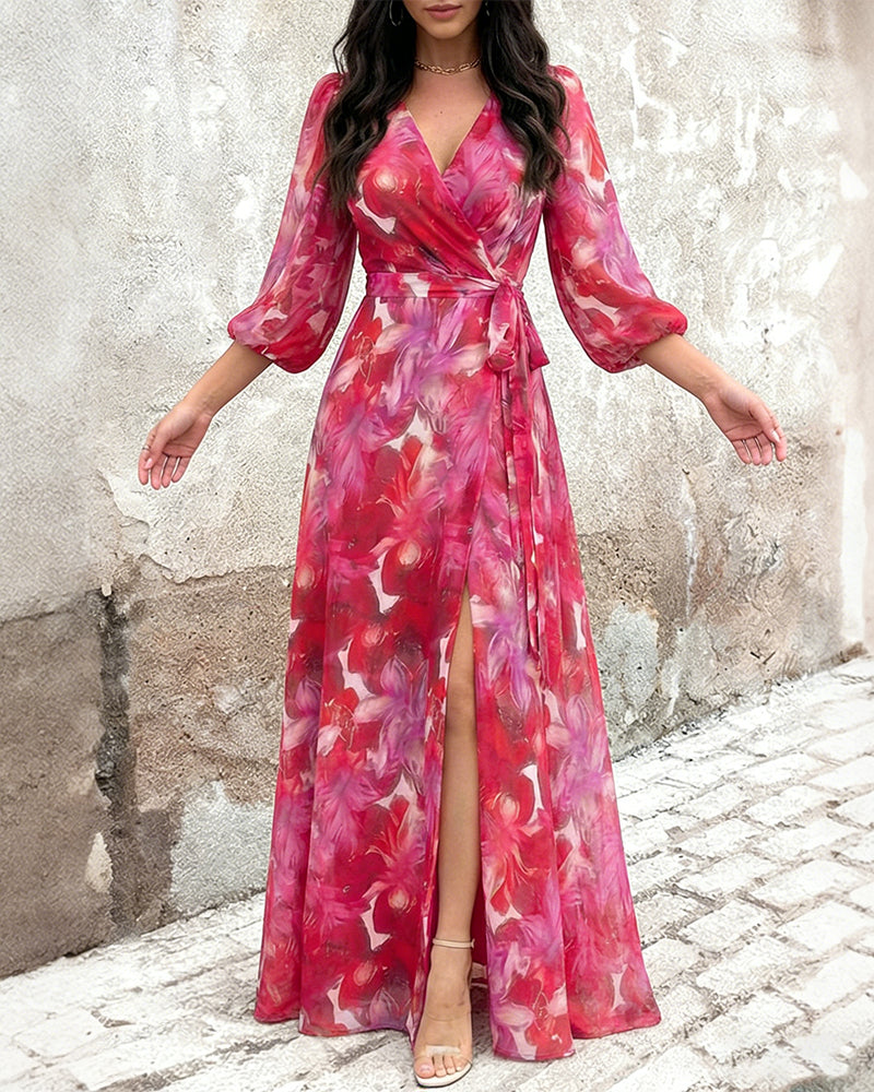Women's Floral Print Wrap Knot Side Dress V Neck Three Quarters Sleeve Chiffon Maxi Dress High Slit Vacation Dress