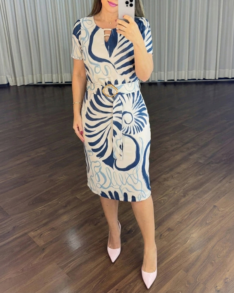 Abstract Print Short Sleeve Hollow-out Front Midi Dress with Belt