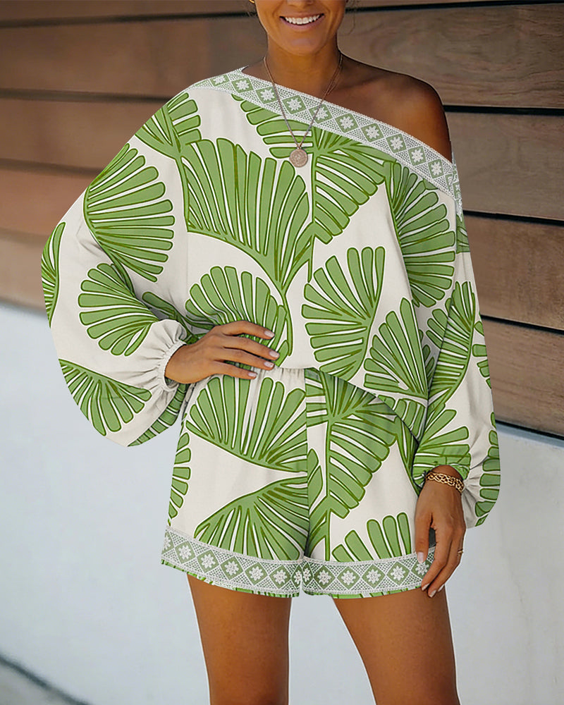 Women's Tropical Leaf Print 2 Piece Set Skew Neck Lantern Sleeve Top and Elastic Waist Shorts with Pockets & Lace