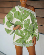 Women's Tropical Leaf Print 2 Piece Set Skew Neck Lantern Sleeve Top and Elastic Waist Shorts with Pockets & Lace