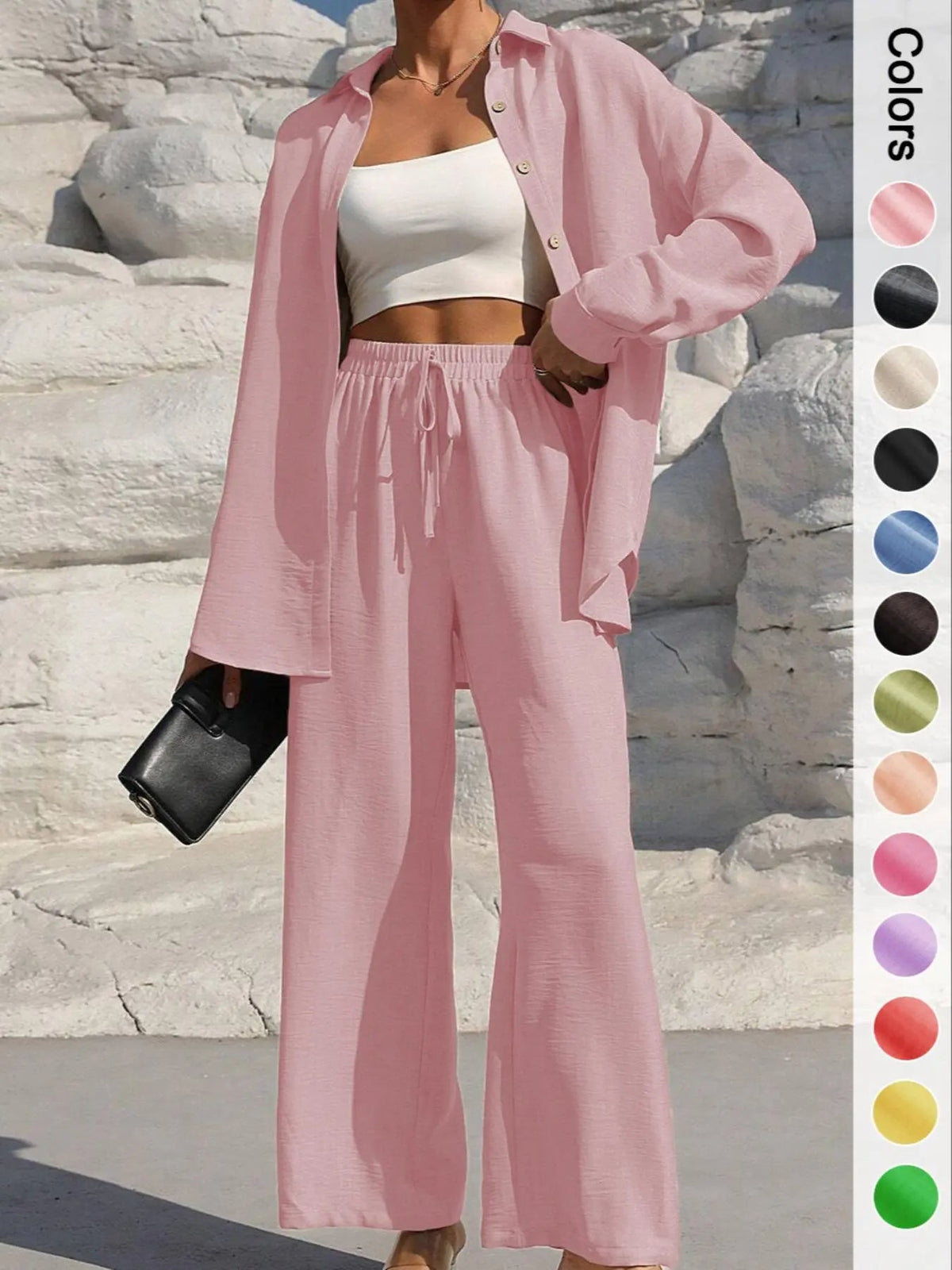Women's Solid Button Front Shirt & Tie Front Wide Leg Pants Two-piece Set, Casual Drop Shoulder Long Sleeve Top & Trousers 2 Piece Set for Spring & Fall, Women's Clothes for Daily Wear, Casual Outfits Women