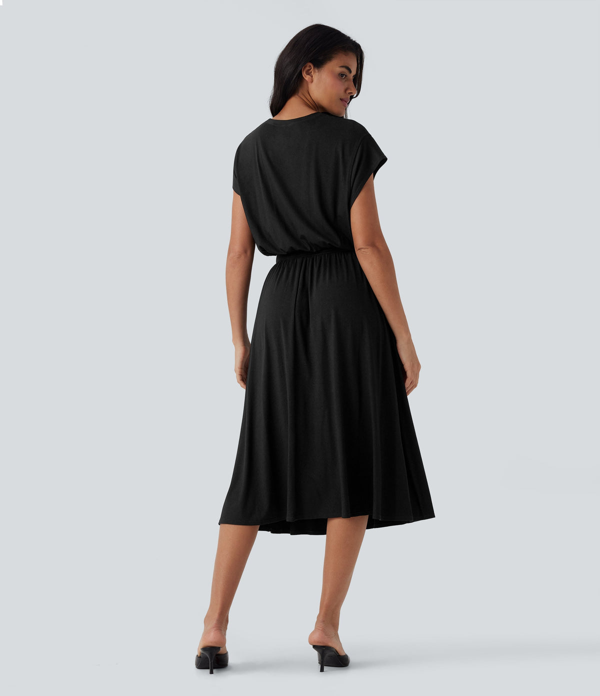SoCinched Tummy Control Batwing Sleeve Flowy Midi Work Dress with Pockets