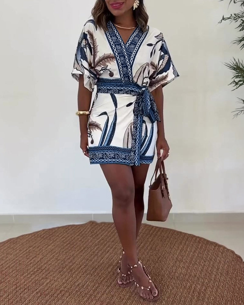 Women's Tropical Print Romper V Neck Wrap Knot Side Jumpsuit Half Sleeve Beach Vacation Summer Skorts Romper