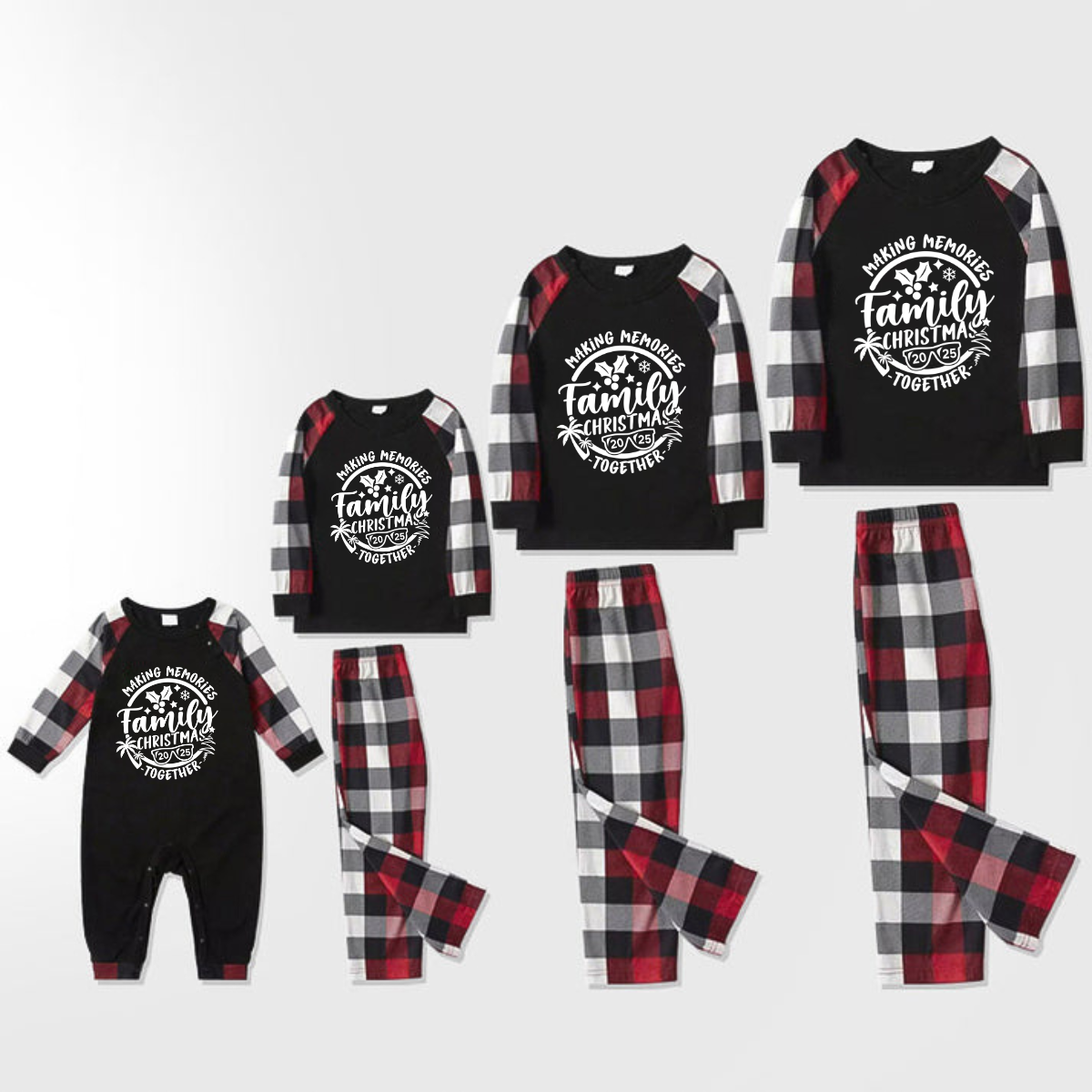 Christmas Make Memories Together 2025 Print Red & Black & Grey & White Plaid Family Matching Pajamas With Dog